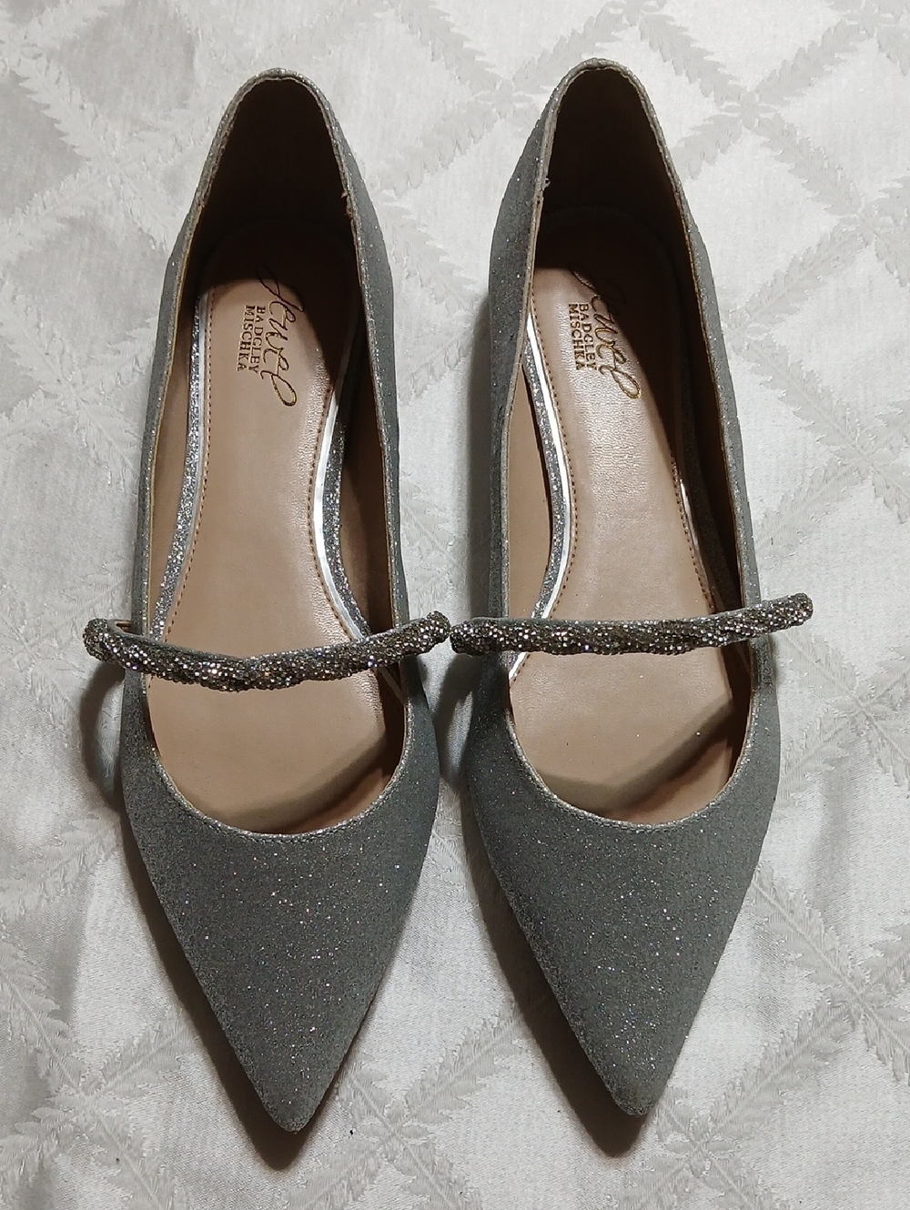 Jewel Badgley Mischka Vana Pointed Toe Ballerina Flats Silver Glitter Size 9
